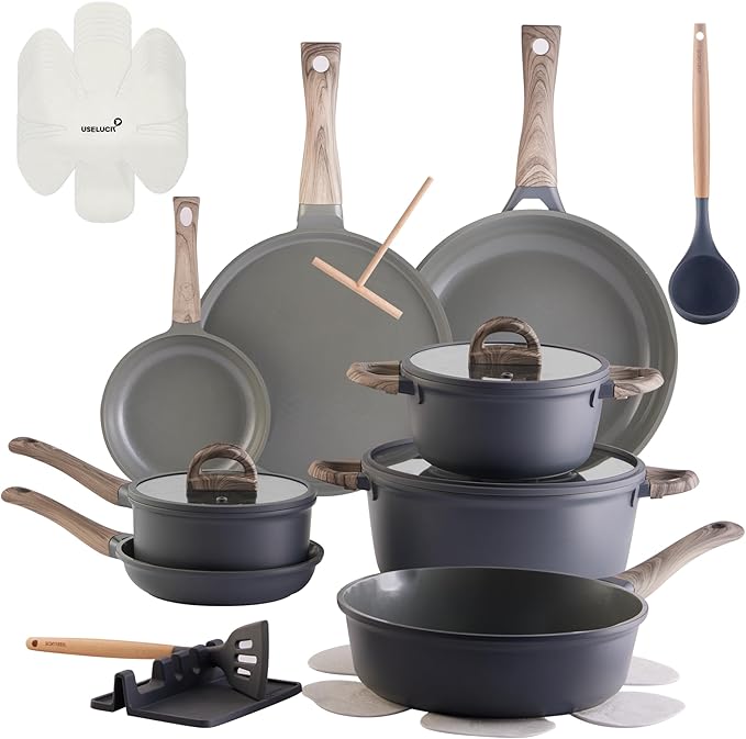 22Pcs Pots and Pans Set Non Stick Non-Toxic Ceramic Cookware Sets Nonstick Kitchen Pot and Pan Set With Lid Gray Granite Induction Compatible with Glass Lids 10" Griddles Frying Pan PFOA/PFOS-Free by useluck