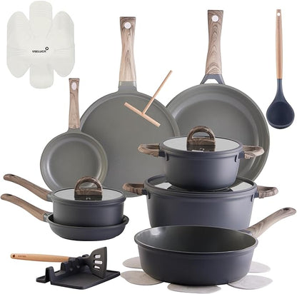 22Pcs Pots and Pans Set Non Stick Non-Toxic Ceramic Cookware Sets Nonstick Kitchen Pot and Pan Set With Lid Gray Granite Induction Compatible with Glass Lids 10" Griddles Frying Pan PFOA/PFOS-Free by useluck