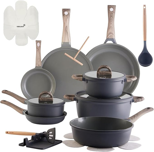 22Pcs Pots and Pans Set Non Stick Non-Toxic Ceramic Cookware Sets Nonstick Kitchen Pot and Pan Set With Lid Gray Granite Induction Compatible with Glass Lids 10" Griddles Frying Pan PFOA/PFOS-Free by useluck