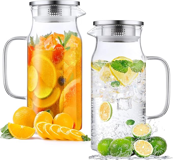 Bivvclaz 2 Pack 1.2 Liter 40 oz Small Glass Pitcher with Lid and Handle, Glass Carafe Water Pitcher for Hot/Cold Water, Iced Tea, Drinks, Coffee, Juice and Homemade Beverage by Bivvclaz