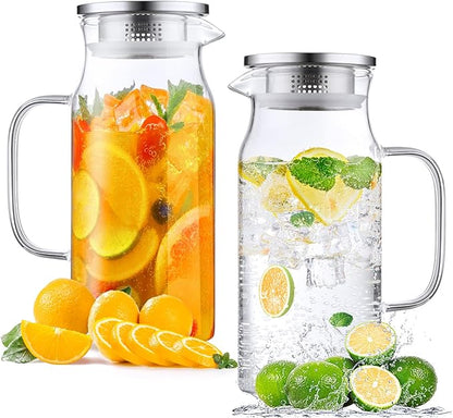 Bivvclaz 2 Pack 1.2 Liter 40 oz Small Glass Pitcher with Lid and Handle, Glass Carafe Water Pitcher for Hot/Cold Water, Iced Tea, Drinks, Coffee, Juice and Homemade Beverage by Bivvclaz