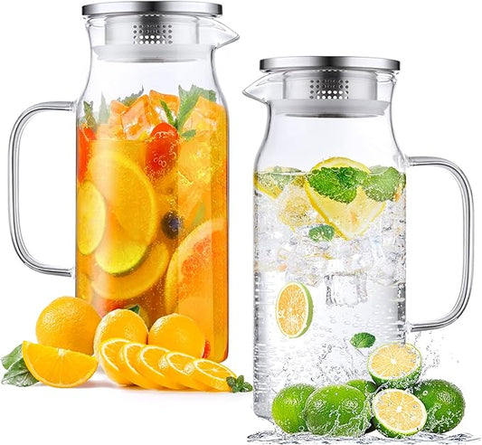 Bivvclaz 2 Pack 1.2 Liter 40 oz Small Glass Pitcher with Lid and Handle, Glass Carafe Water Pitcher for Hot/Cold Water, Iced Tea, Drinks, Coffee, Juice and Homemade Beverage by Bivvclaz