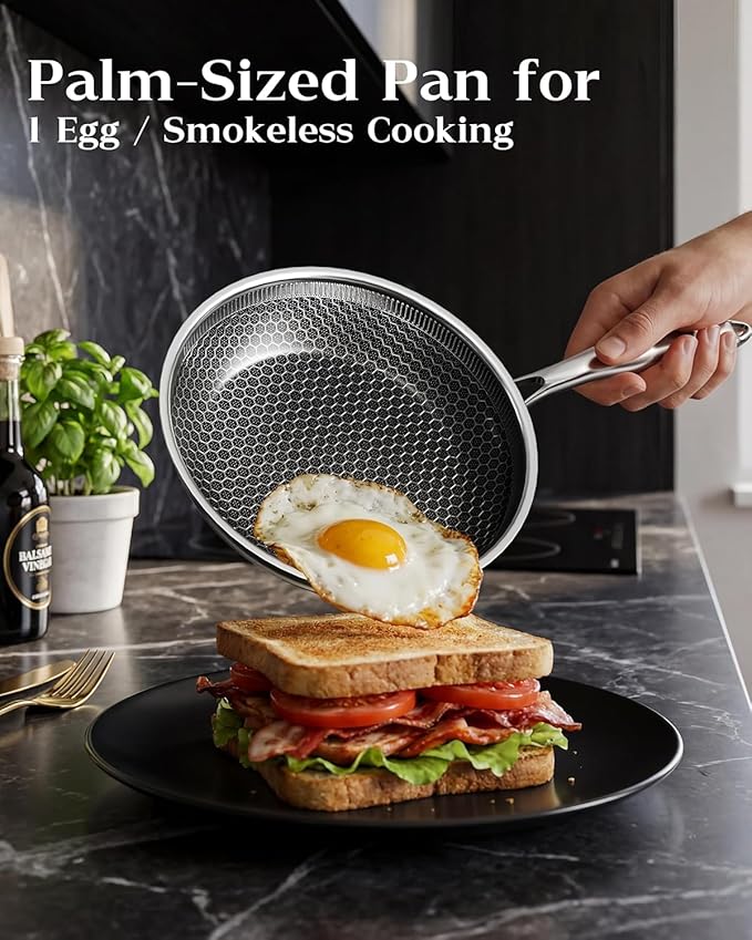 Honeycomb Stainless Steel Nonstick Frying Pan, Induction Cooktop Compatible Skillet, PFOA-Free Scratch-Proof, Dishwasher & Oven Safe, Stay-Cool Handle, Silver Kitchen Cookware - Image 2