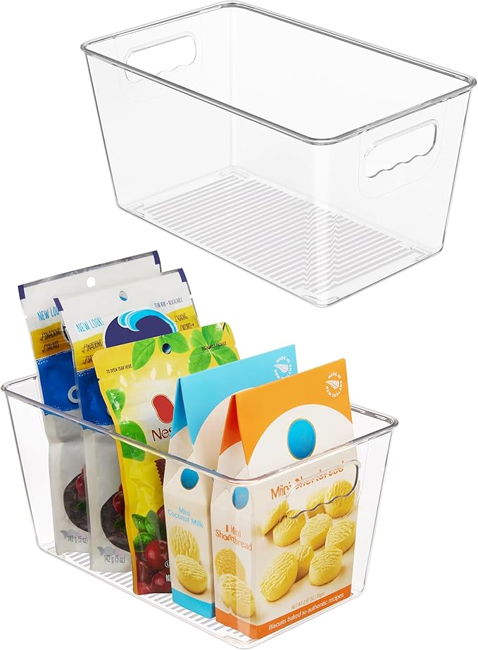 Vtopmart Clear Plastic Storage Bins, 2 PCS Pantry Organizer Bins with Handle for Refrigerator, Fridge, Cabinet, Kitchen, Countertops, Cupboard, Freezer Organization and Storage, Medium by Vtopmart