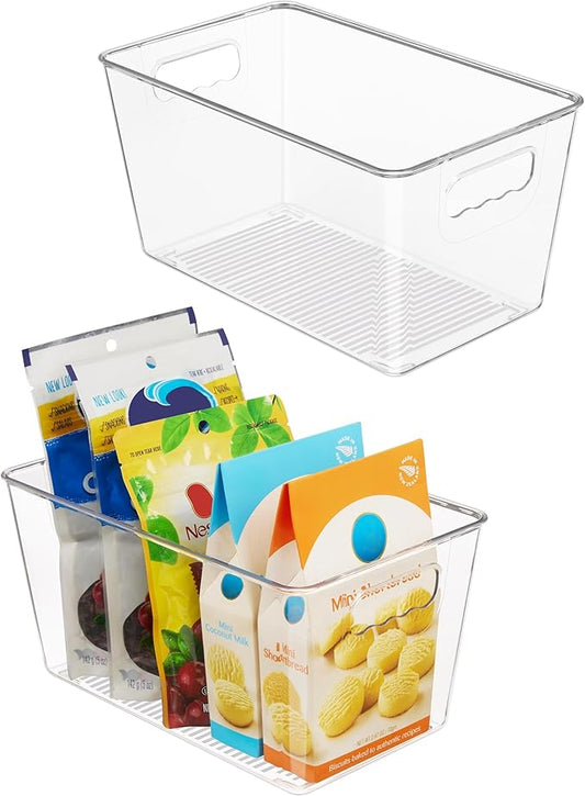 Vtopmart Clear Plastic Storage Bins, 2 PCS Pantry Organizer Bins with Handle for Refrigerator, Fridge, Cabinet, Kitchen, Countertops, Cupboard, Freezer Organization and Storage, Medium by Vtopmart