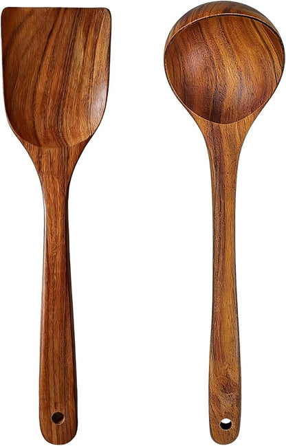 2Pcs Wooden Ladle and Spatula, Natural Acacia Long Handle, Large Capacity, Wooden Soup Spoon and Flat Frying Turner for Cooking, Fry, Stirring, Serving, Non-stick Kitchen Utensils Cookware