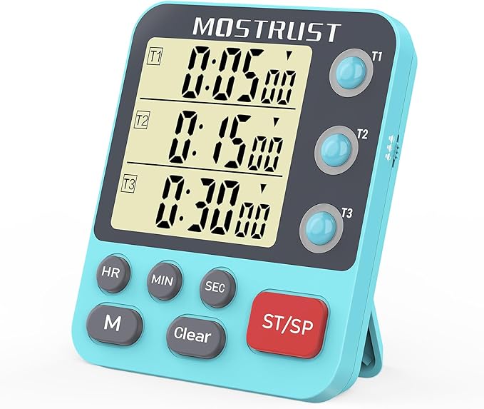 Digital Dual Kitchen Timer, 3 Channels Countdown Triple Timer for Cooking, Magnetic Memory-Preset Large-Display Adjustable Alarm Volume, Multi Times Management, 3A Battery Included, Blue by MOSTRUST
