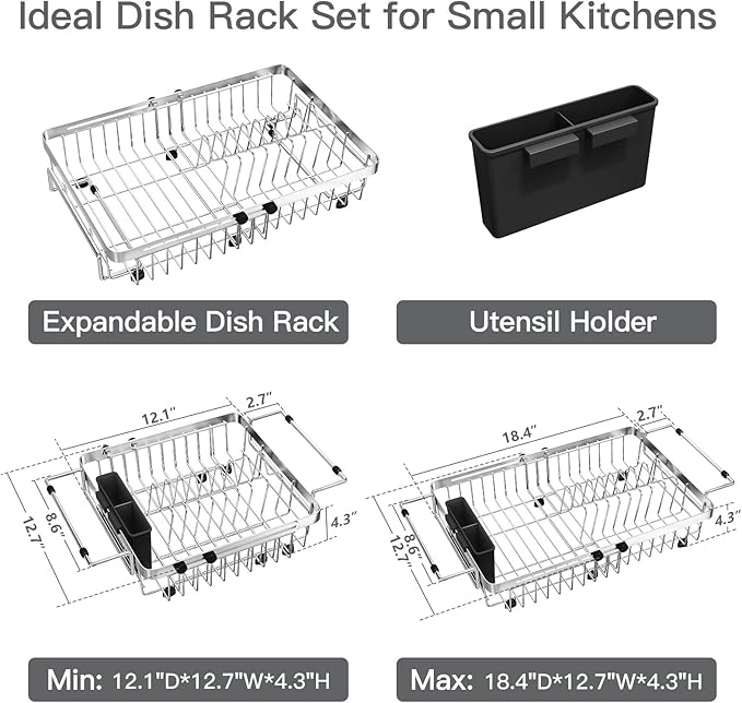 MAJALiS Dish Drying Rack Over The Sink, Expandable Stainless Steel Dish Drainer for Small Kitchen Counter Space Saving, RV Compact Plate Strainer In Silver Metal with Hanging Adjustable Utensil Holder - Image 7