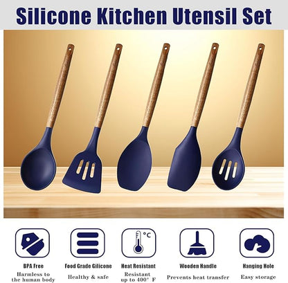 Non-Stick Silicone Kitchen Utensils Set with Natural Acacia Hard Wood Handle, 5 Piece, Midnight Blue, BPA Free, Baking & Serving Silicone Cooking Utensils - Image 2