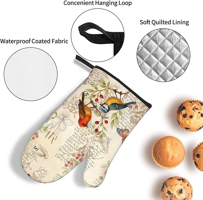 Vintage Bird Themed Hot Pads and Oven Mitts Set of 3,Heat Resistant Non Slip Cute Rustic Kitchen Mitts and Pot Holder Set & Baking Gloves for Cooking Baking Grilling BBQ,Bird Lover Gifts for Women