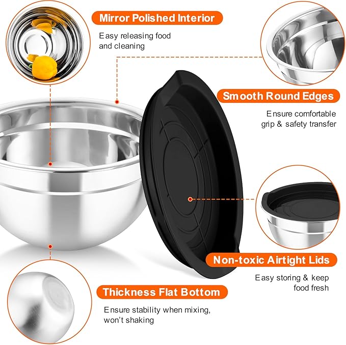 TeamFar Mixing Bowls with Airtight Lids, 5PCS Stainless Steel Metal Salad Bowl with 3 Grater Attachments, for Cooking, Prepping, Serving, Healthy & Easy Clean - 0.7/1/1.5/2.6/4.6QT, Black - Image 4