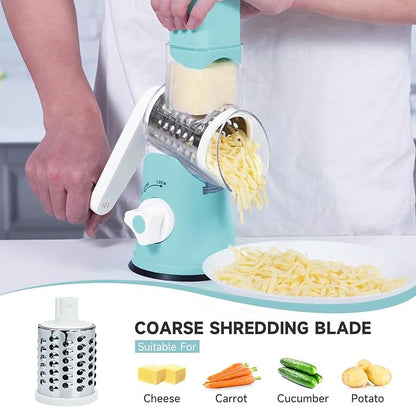 Rotary Cheese Grater, Cheese Grater Hand Crank with 3 Interchangeable Blades, Manual Cheese Shredder with Strong Suction Base, Easy to Use and Clean, Blue - Image 2
