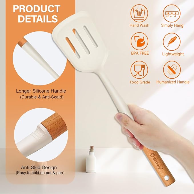 Large Silicone Cooking Utensils Set, 10Pcs Nonstick Kitchen Utensil Set with Wooden Handle, Heat Resistant Silicone Utensils for Cooking, BPA Free Spatula Set with Turners Spoon Ladle Skimmer(White) - Image 3
