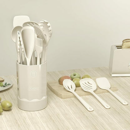 oannao Silicone Kitchen Utensils Set, 600°F Heat Resistant Silicone Cooking Utensils, Spatula, Spoon, Whisk, Tongs, Kitchen Gadgets for Nonstick Cookware, Dishwasher Safe BPA Free (Cream White) - Image 8