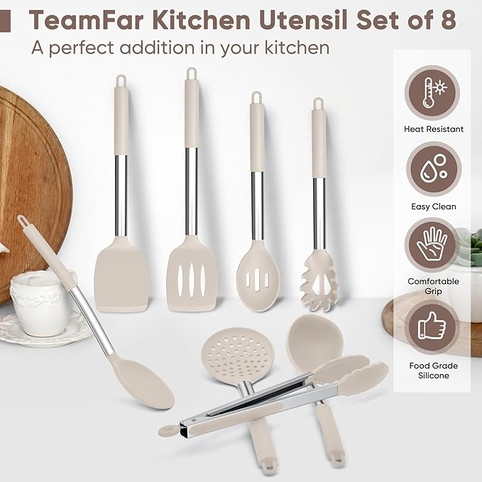 TeamFar Kitchen Utensils Set of 8, Silicone Utensils Kitchen Tools Set with Stainless Steel Handle, for Frying Serving Flipping Draining, Non-toxic & Heatproof, Nonstick & Dishwasher Safe - Khaki - Image 7