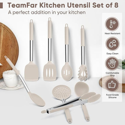 TeamFar Kitchen Utensils Set of 8, Silicone Utensils Kitchen Tools Set with Stainless Steel Handle, for Frying Serving Flipping Draining, Non-toxic & Heatproof, Nonstick & Dishwasher Safe - Khaki - Image 7