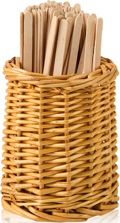 Wood Rattan Coffee Stirrer Holder Set with 100 Disposable Stir Sticks, Wooden Bar Accessories for Milk Cocktail Tea Drinks Straws, Organizer for Station Countertop by THORNIA