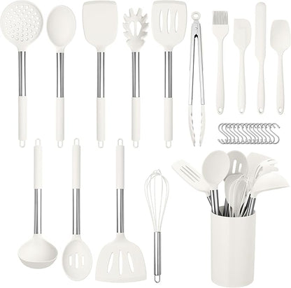 HaWare 29 PCS Silicone Cooking Utensils Set, Heat Resistant Kitchen Utensils Set with Stainless Steel Handle, Spatula Sets with Holder and Hooks, Kitchen Tools Gadgets for Nonstick Cookware -White