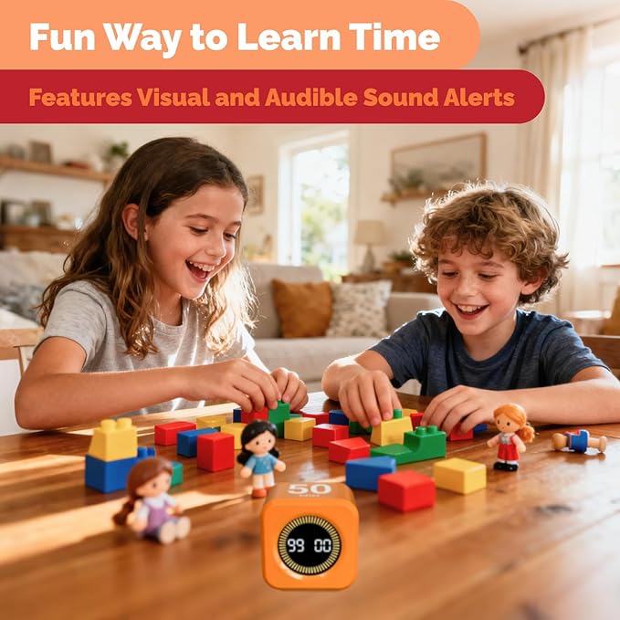 KADAMS Timer Pomodoro Visual - Productivity Pomodoro Cube, 5/10/25/50 Min Countdown & Countup, Silent – Ideal for Work Study Cook Workout Kitchen School Classroom Office ADHD Gift Kids (1, Orange)