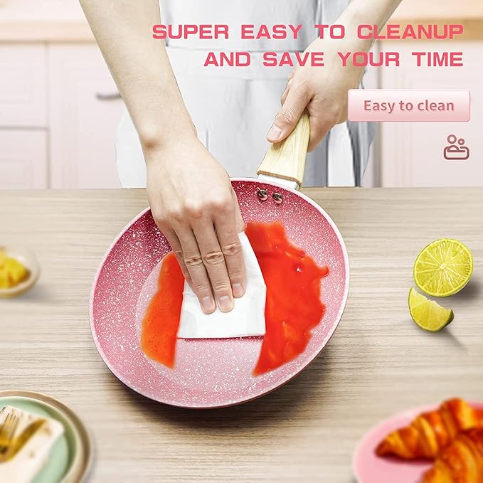 Frying Pan Nonstick, 9.5 Inch Pink Egg Pan, Non Stick Fry Pan 100% PTFE PFOA-Free Omelet Skillet Pan, Toxin-Free Skillets Stone Cookware, Anti-Warp Base with All Stove Tops, Induction Compatible - Image 3
