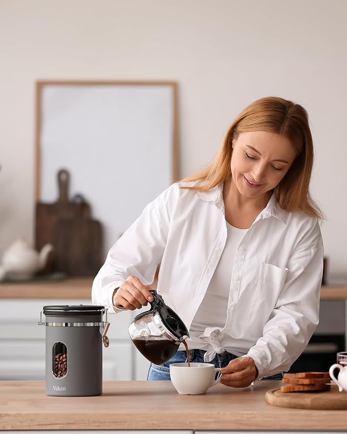 Veken Coffee Canister with Window,Airtight Stainless Steel Kitchen Food Storage Container, Date Tracker & Scoop for Grounds Coffee, Beans, Tea, Flour, Cereal,Sugar,22OZ,Grey - Image 5