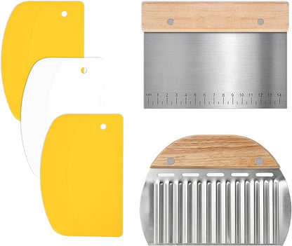 5 Pcs Bench Scraper, Bench Scraper Kitchen 2 Pcs Stainless Steel Dough Scraper with Wood Handle and 3 Pcs PP Food Scraper with Hanging Hole, Multipurpose Bread Dough Cutter for Baking-Yellow by MoHern