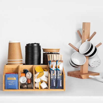 Bamboo Coffee Station Organizer for Countertop, Coffee Bar Accessories Organizer with 6 Compartments for Tea Bags Condiment, Pods, Creamer, Stirrer, Syrup, Cups - Image 4