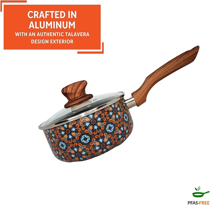 IMUSA 1.5 Quarts Talavera Nonstick Saucepan with Lid, Wood Look and Soft Touch Handle, Ceramic Coated - Image 3