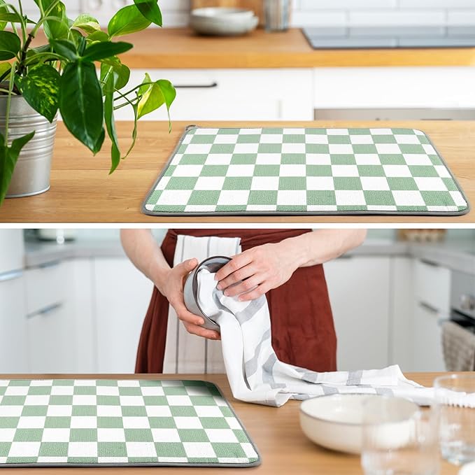 Zonon Green Checkered Dish Drying Mat for Kitchen Counter 16" x 24" Microfiber Absorbent Dish Drainer Rack Pads Fast Dry Mat Vintage Kitchen Decorations - Image 6