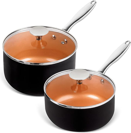 MICHELANGELO Saucepans, 2QT & 3QT Copper Saucepan Set With Non-stick Ceramic Interior For Multipurpose Use, Nonstick Saucepan With Lid, Copper Small Pots 2 Quart & 3 Quart by Michelangelo