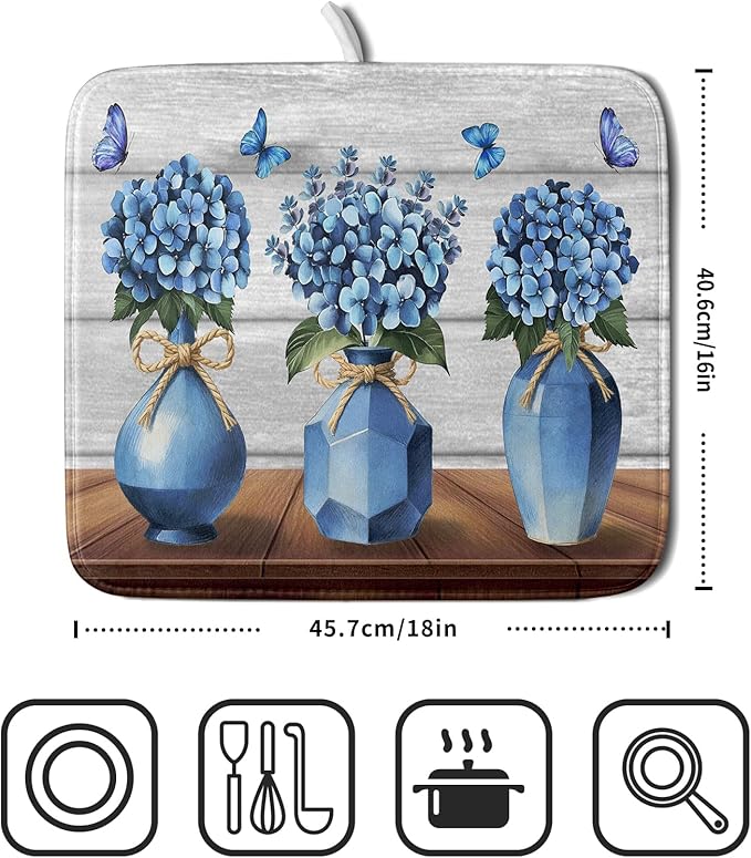 Giwawa Blue Hydrangea Dish Drying Mat for Kitchen Vintage Wood Board Floral Butterfly Dish Drainer Mats 16x18inch Rustic Flowers Dish Drying Rack Pad Protector for Countertop Dining Decor