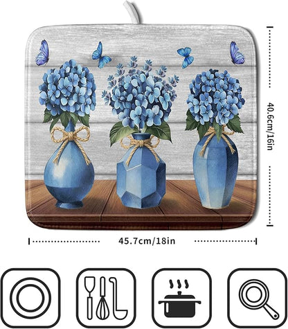 Giwawa Blue Hydrangea Dish Drying Mat for Kitchen Vintage Wood Board Floral Butterfly Dish Drainer Mats 16x18inch Rustic Flowers Dish Drying Rack Pad Protector for Countertop Dining Decor