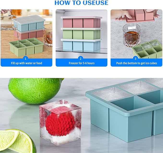 Large Ice Cube Tray for Whiskey 3 Pack, HANCELANT Big Silicone Square Ice Cube Mold with Removable Lid, 2'' Huge Square Ice Cubed Tray for Whisky and Cocktail(Blue+Green+Pink) - Image 5