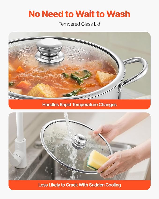 VEVOR Stainless Steel Stock Pot, 16QT Stainless Steel Stockpot with Glass Lid, PFOA-Free, PFAS-Free, Compatible with Gas Stoves, Induction Cooktops, Electric Stoves, for Soups, Stews, and Pasta - Image 6