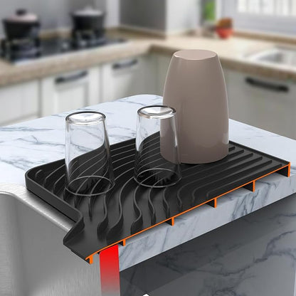 Silicone Dish Drying Mat for Kitchen Counter , Dish Drying Rack Matt with Built in Drain, 18 Inch dish Dry Mats for Kitchen Counter,Bumps up sink Applicable (18×12inch Extra Raised, black)