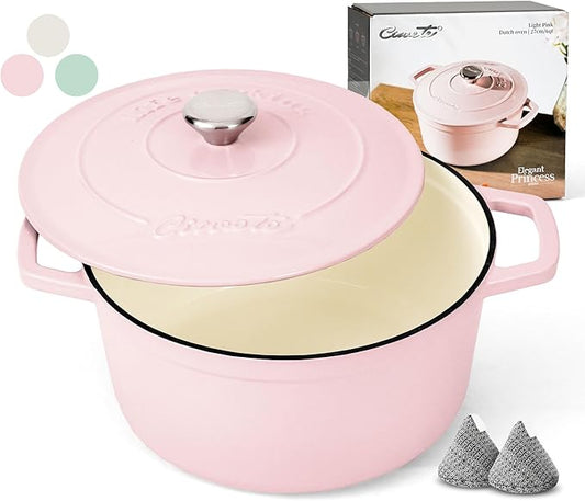 Ciwete 6 QT Dutch Oven Pot with Lid, Enameled Cast Iron Dutch Oven for Bread Making, Braiser, Cooking, Dual Handles, Oven Safe up to 500° F or on Stovetop, Gifts for Family - Pink