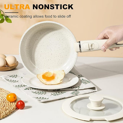 Pots and Pans Set Non Stick 20PCS, Ceramic Cookware Set Detachable Handle Non Toxic Stackable Kithchen Set, Dishwasher Oven Safe Induction Compatiable Frying Pans Pots Skillets, White - Image 3
