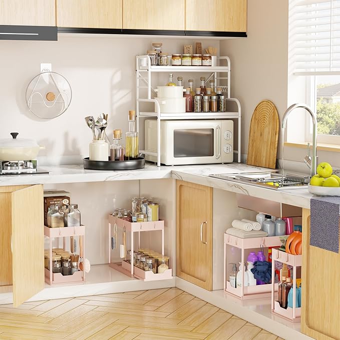 Simple Trending Under Sink Organizer 2 Pack, Sink Pull-Out Sliding Storage Cabinet, 2-Tier Under Shelf Organizer for Kitchen Bathroom, Pink - Image 6