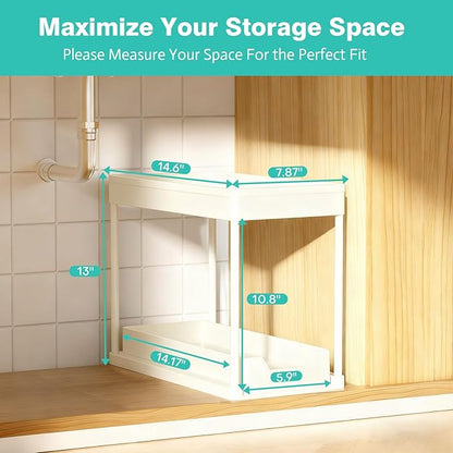 Under Sink Organizers and Storage 2 Pack, Pull-Out Sliding Cabinet Organizer with 2-Tier Storage Shelf & 4 Hooks, Multi-Purpose for Kitchen & Bathroom (13 Inch, White) - Image 2