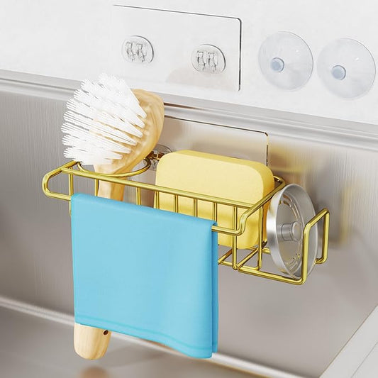 HapiRm Sponge Holder for Kitchen Sink, No Drill Kitchen Sink Caddy Organizer, Rustproof Dish Sponge Holder- Gold(8.73 * 3.54 * 2.36in) by HapiRm