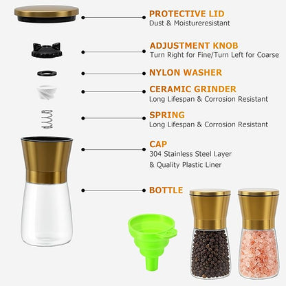 R DRURLCD Short Manual Gold Salt and Pepper Grinder Set of 2 with Funnel, Adjustable Coarseness Shiny Gold Cap Sea Salt Pepper Mill Refillable with Magnetic Lid, Kitchen Decoration Gift