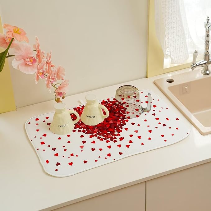 Valentines Day Dish Drying Mat 18 x 24 inch Red Hearts Decorative Drying Mats Microfiber Absorbent Love Heart Dish Washable Draining Mat for Kitchen Counter Decor