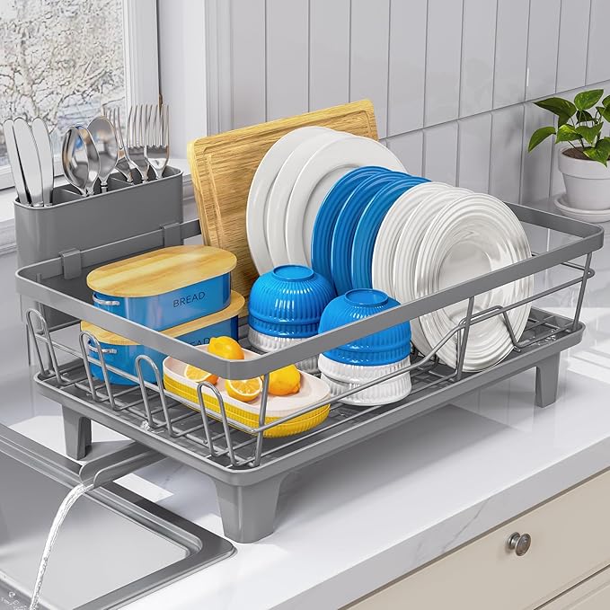 Urackify Dish Drying Rack for Kitchen Counter, Sink Dish Rack with Drainboard 12.2" W x 16.5" L, Large Dish Drainer with Cutlery Holder, Home Countertop Plate Dryer Storage Rack, Gray - Image 7