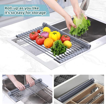 Ohuhu Roll Up Dish Drying Rack, Over The Sink Multipurpose Roll-Up Dish Racks, 16.5" W x 13" L Rolling Heat-Resistant Anti-Slip Silicone Coated Dish Drainer Portable Foldable for Kitchen Counter - Image 8