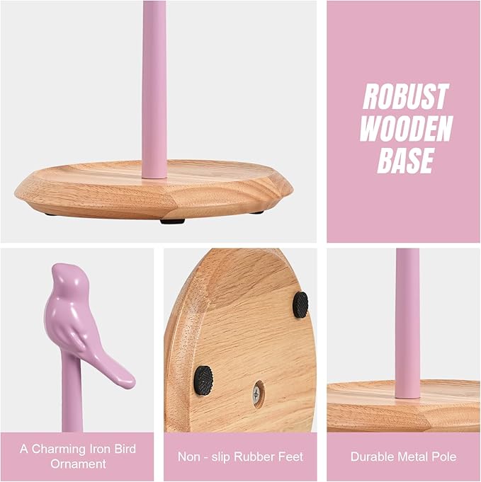 Wooden Paper Towel Holder countertop, Stylish Bird Shaped,Solid Wood Base&Iron Top, with Non-Slip Mat, Stable&Durable,Paper Towel Holder Farmhouse Style to Elevate Your Kitchen's Décor (Pink) - Image 6
