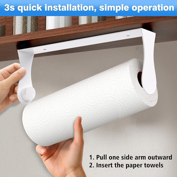 Paper Towel Holder Under Cabinet, White, Adhesive & Wall Mount, Under Counter Paper Towel Rack for Kitchen and Bathroom, Home and Kitchen Decor - Image 2
