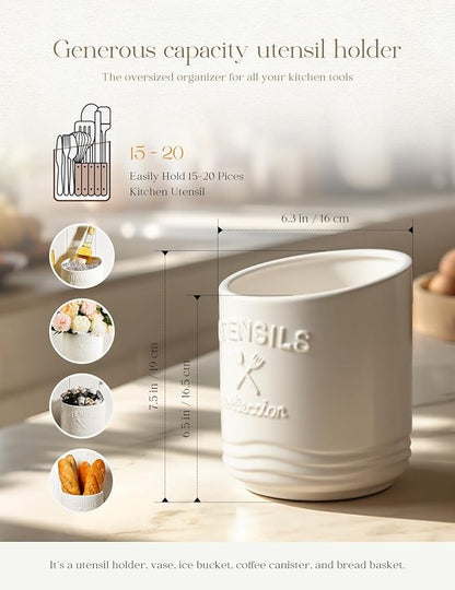 AISBUGUR Large Ceramic Utensil Holder: 7.5" H×6.3" W with Slanted Mouth - Utensil Crock with Non-Slip Cork Base for Kitchen Counter, Ideal for Decor & Gift,white utensil holder - Image 3