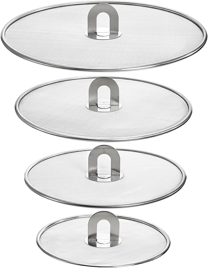 Nicunom 4 Pack Splatter Screen for Frying Pan, 13", 11.5", 10", 8" Stainless Steel Grease Splatter Guard with Fold Flat Knob, Kitchen Oil Splatter Guard Set for Safe Cooking by Nicunom