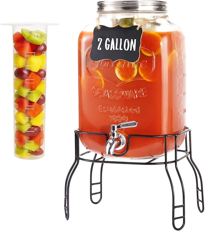 2 Gallon Large Glass Drink Dispenser Set, Beverage Dispensers with Stand & 18/8 Stainless Steel Spigot, Leakproof for Lemonade, Sun Tea & Iced Tea by JILLSKY