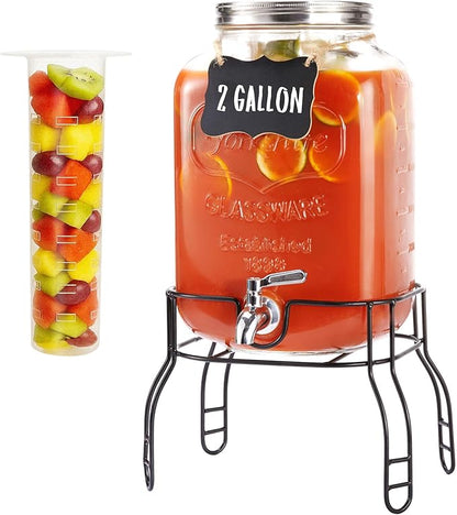 2 Gallon Large Glass Drink Dispenser Set, Beverage Dispensers with Stand & 18/8 Stainless Steel Spigot, Leakproof for Lemonade, Sun Tea & Iced Tea by JILLSKY